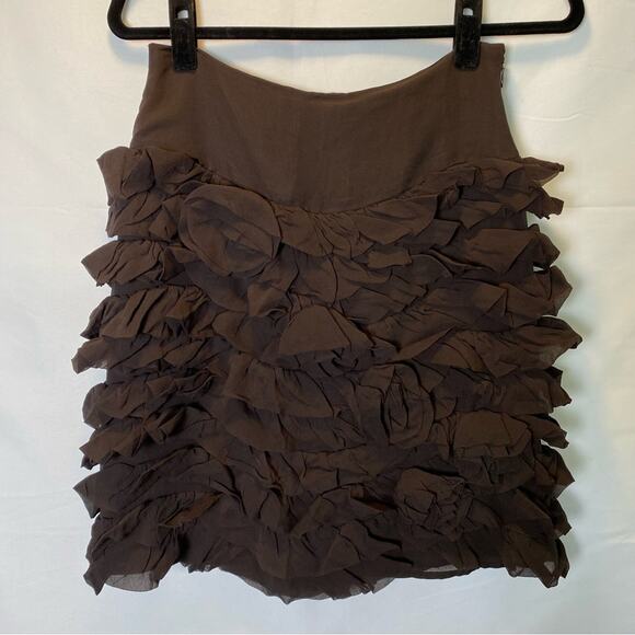 Vintage Etcetera Brown Silk Boho Ruffle Flower Detail Mini Skirt Size 2 Womens - Picture 1 of 8